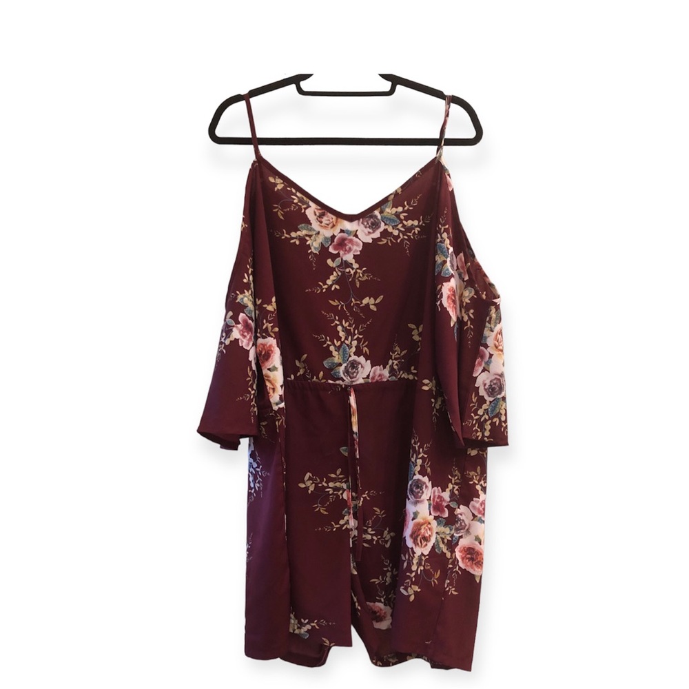 Floral Romper Maroon / Crimson / Dark Red with Rose Bouquet Pattern Tie Waist 4X